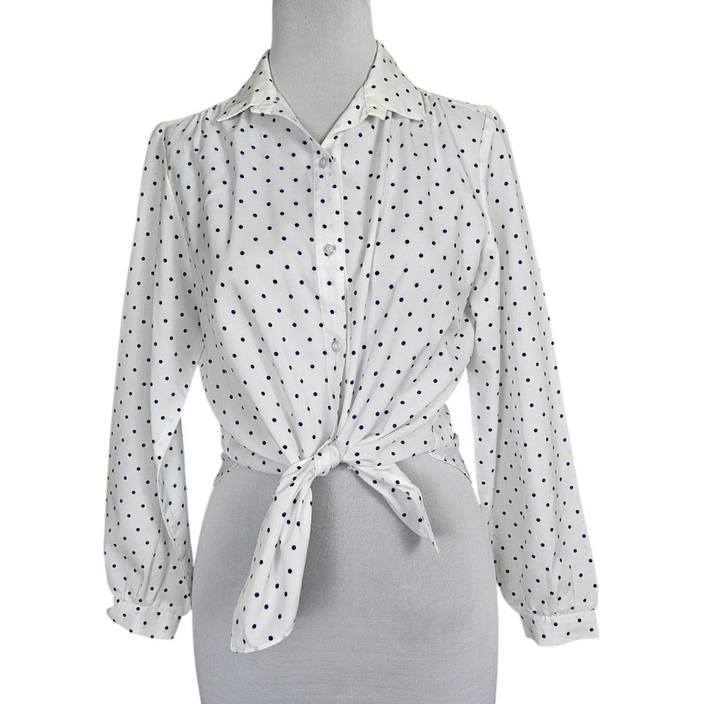 Lori of California Vintage‎ Polka Dot Blouse White Navy Blue Button Up Size 16